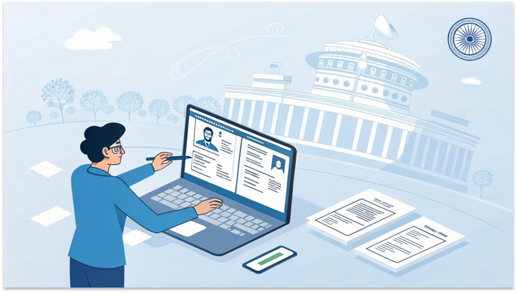 Patent e-filing process in India showing online submission of patent application, document upload, fee payment, and application tracking through digital portal