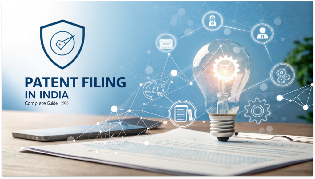 Patent filing in India featured image showing innovation protection, legal patent rights, and complete guide concept