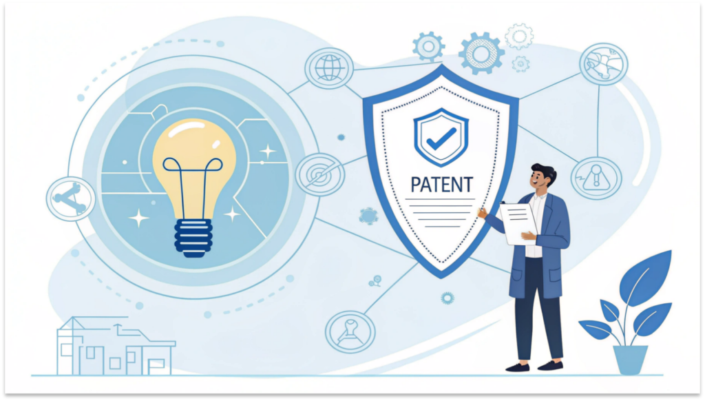 Patent filing in India concept showing innovation protected by legal patent rights and business strategy illustration
